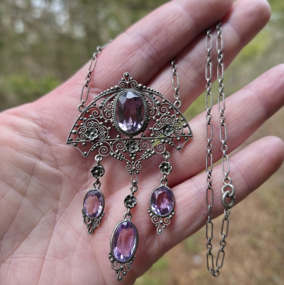 Antique Jewelry - Edwardian Rose De France Amethyst 800 Italian Silver Antique Necklace